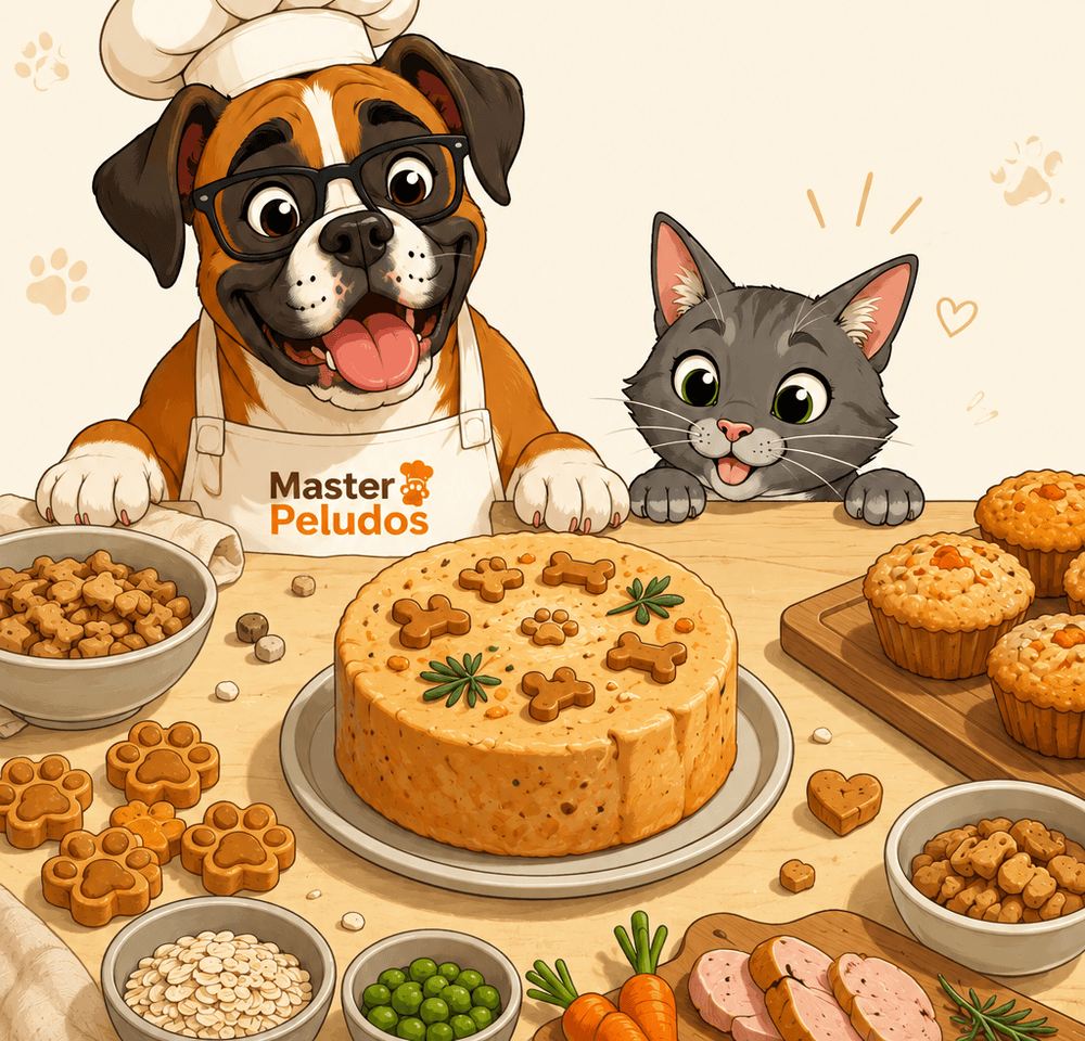 Un boxer con gorro de chef y un gato gris junto a una torta y preparaciones caseras para mascotas