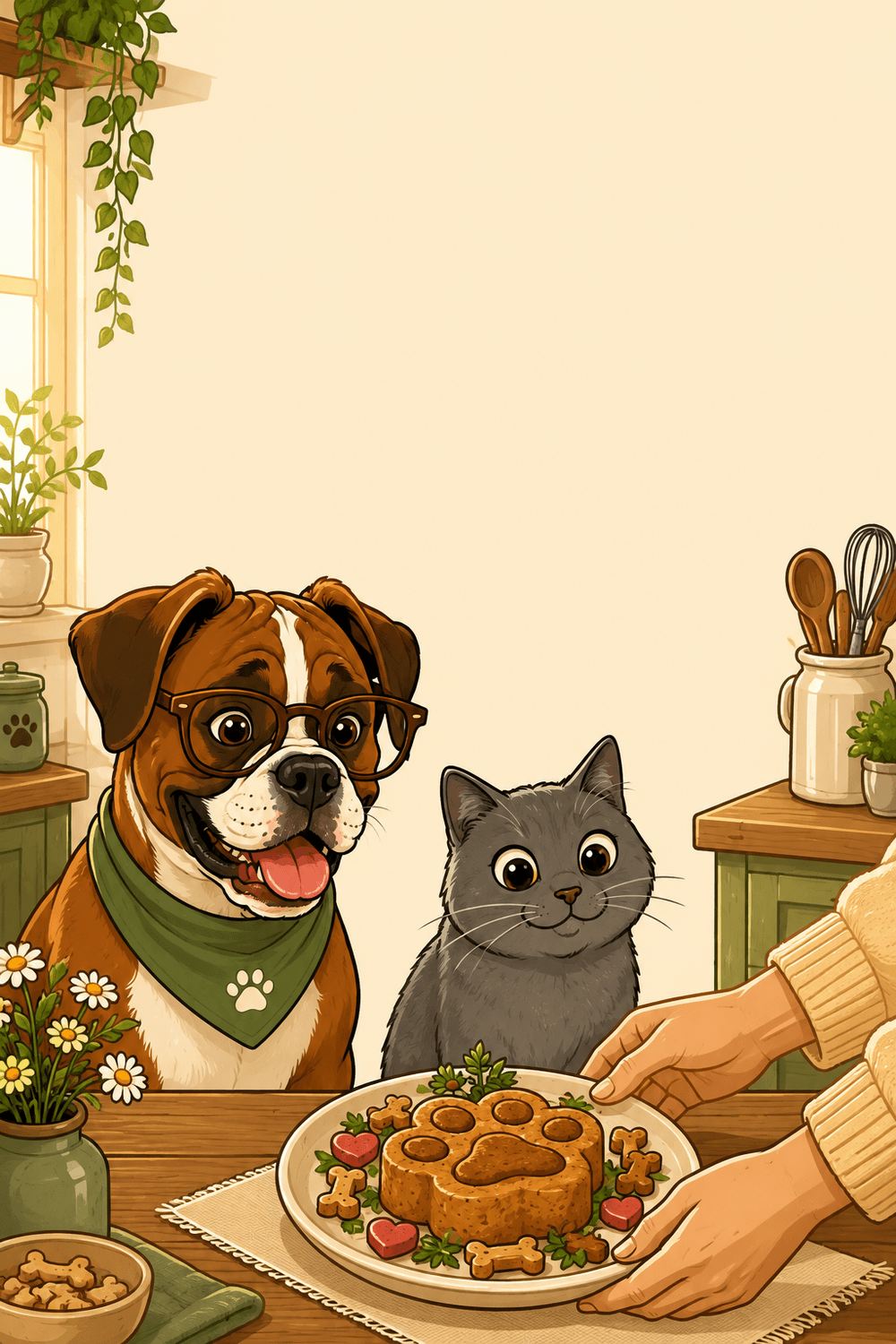 Un boxer con anteojos y un gato gris junto a una preparación casera para mascotas