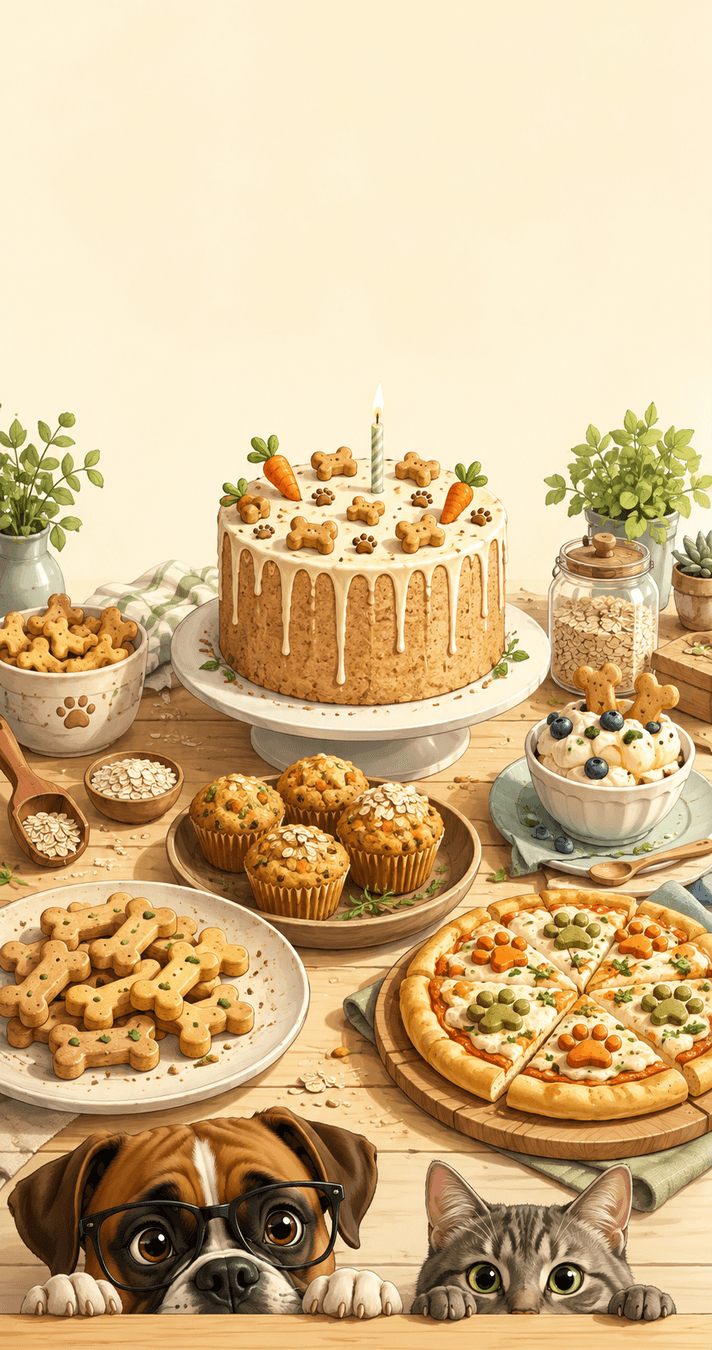 Mesa con torta de cumpleaños, muffins, galletas de hueso, pizza y helado caseros para mascotas, junto a un perro y un gato