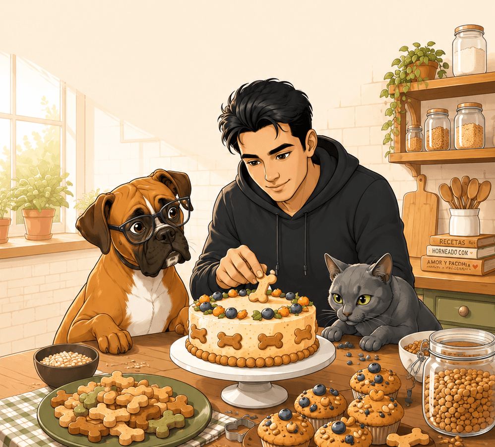 Una persona preparando una torta casera para mascotas junto a un boxer con anteojos y un gato gris