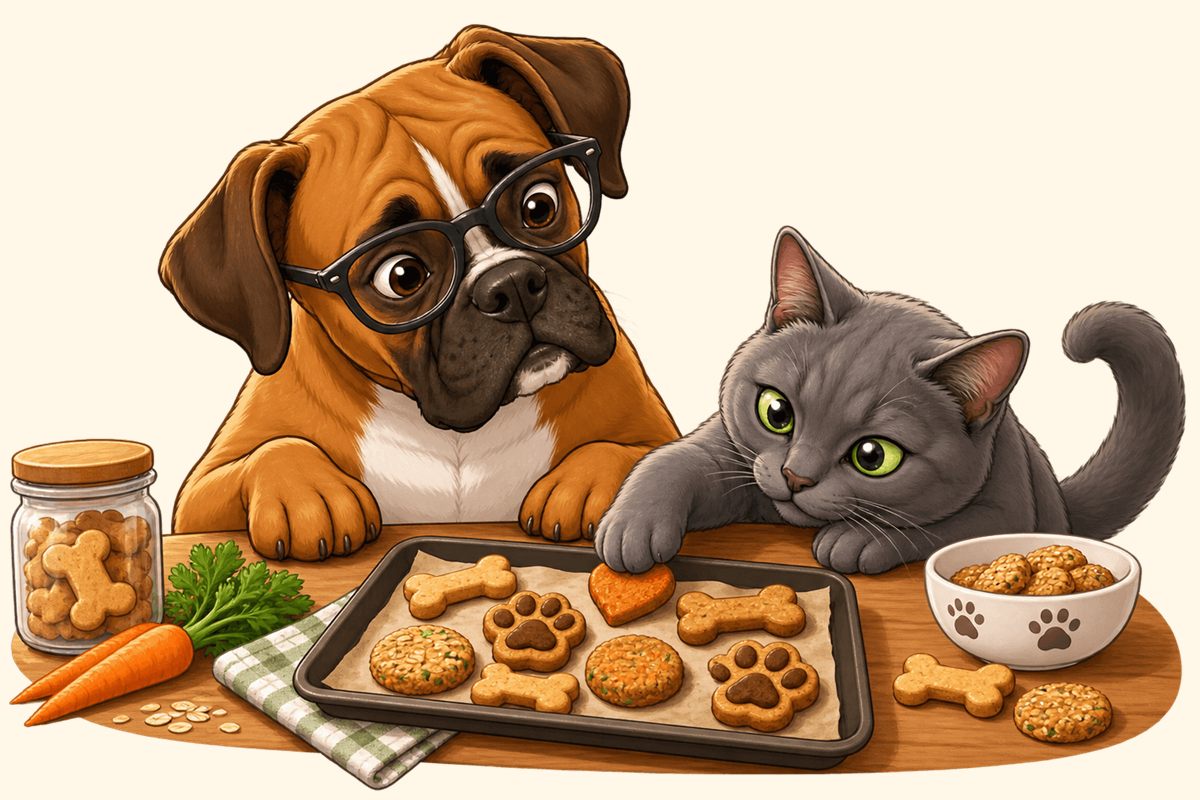 Un boxer con anteojos y un gato gris observando una bandeja de galletas caseras para mascotas