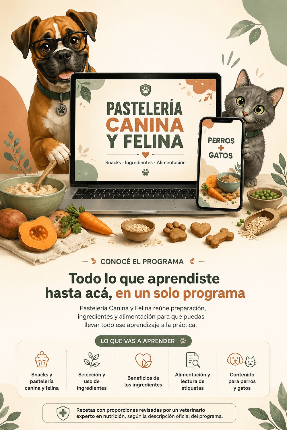 El programa Pastelería Canina y Felina en una laptop y un celular, con contenido para perros y gatos