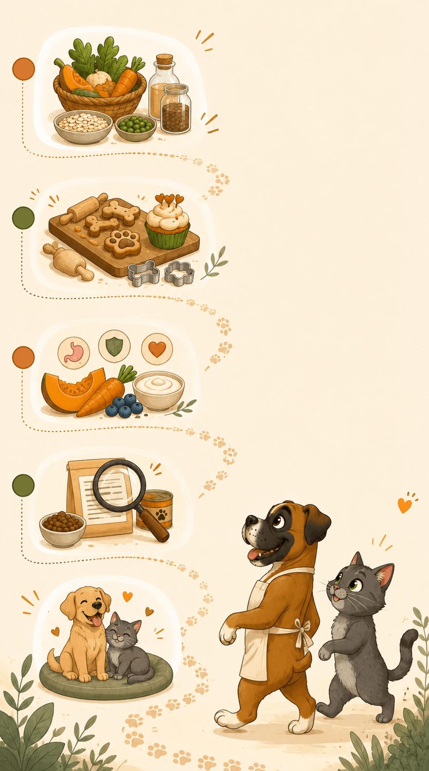 Recorrido ilustrado: ingredientes, snacks y pastelería, beneficios, lectura de etiquetas y contenido para perros y gatos